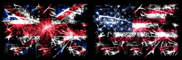 Gran Bretaña, Reino Unido vs Estados Unidos de América, América, Estados Unidos Celebración de Año Nuevo viajar chispeantes banderas de fuegos artificiales concepto de fondo. Combinación de dos banderas de estados abstractos . —  Fotos de Stock