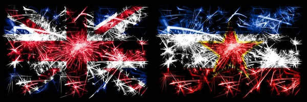 Groot-Brittannië, Verenigd Koninkrijk vs Joegoslavië, Joegoslavië Nieuwjaar viering reizen sprankelend vuurwerk vlaggen concept achtergrond. Combinatie van twee abstracte vlaggen. — Stockfoto