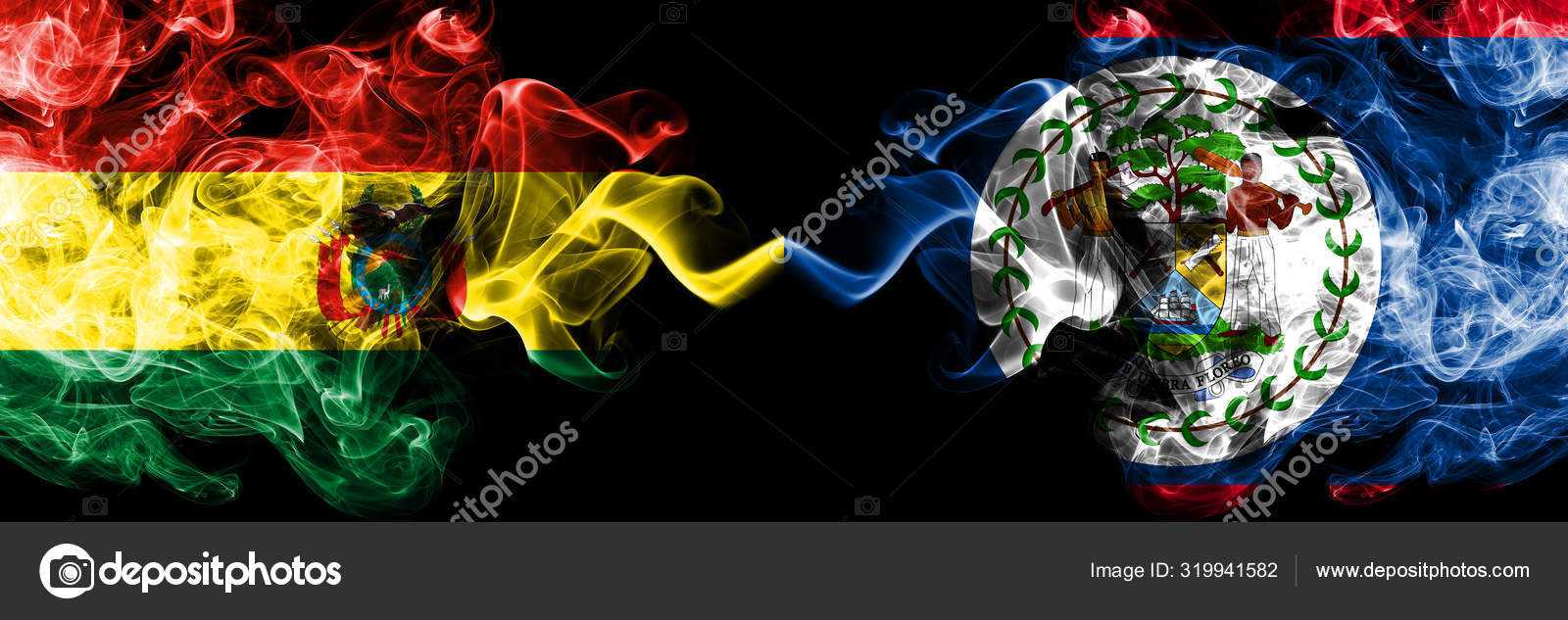 玻利维亚，玻利维亚对伯利兹，伯利兹烟熏的神秘国家国旗并排放置。 概念和观念浓密的彩色丝状抽象烟旗——图库图片© vladem #319941582