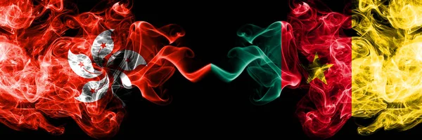 Hong Kong, China vs Cameroon, Cameroonian smoky mystic states flags placed side by side. Concept and idea thick colored silky abstract smoke flags — Stock Photo, Image