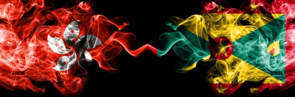 Hong Kong, China vs Grenada smoky mystic states flags placed side by side. Concept and idea thick colored silky abstract smoke flags — Stock Photo, Image