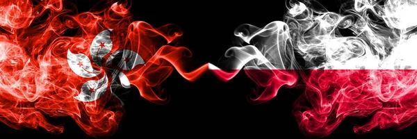 Hong Kong, China vs Poland, Polish smoky mystic states flags placed side by side. Concept and idea thick colored silky abstract smoke flags — Stock Photo, Image