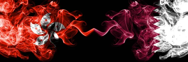 Hong Kong, China vs Qatar, Qatari smoky mystic states flags placed side by side. Concept and idea thick colored silky abstract smoke flags — Stock Photo, Image