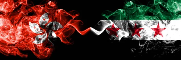 Hong Kong, China vs Syria, Syrian Arab Republic, opposition smoky mystic states flags placed side by side. Concept and idea thick colored silky abstract smoke flags — Stock Photo, Image