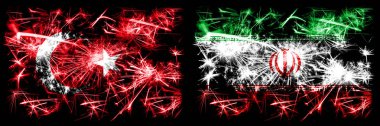Türkiye, Türkler İran 'a karşı, İran Yeni Yıl kutlamaları, parlak havai fişek bayrakları konsepti. İki soyut durum bayraklarının birleşimi. 