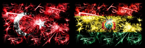 Turcja, Turecki vs Boliwia, Boliwijski Nowy Rok świętować musujące fajerwerki flagi tle koncepcji. Połączenie dwóch flag stanów abstrakcyjnych. — Zdjęcie stockowe
