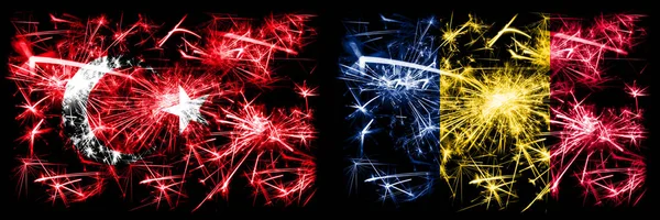 Turquía, Turquía vs Chad, celebración del Año Nuevo Chadiano brillante banderas de fuegos artificiales concepto de fondo. Combinación de dos banderas de estados abstractos . —  Fotos de Stock