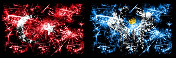 Turkey, Turkish vs Commonwealth New Year celebration sparkling fireworks flags concept background. Combination of two abstract states flags. — Stock Photo, Image