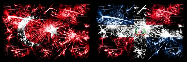 Turquía, Turquía vs República Dominicana Año Nuevo celebración brillante banderas de fuegos artificiales concepto de fondo. Combinación de dos banderas de estados abstractos . —  Fotos de Stock