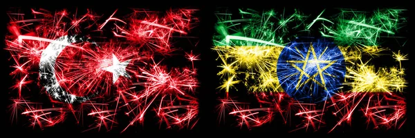 Turquía, Turquía vs Etiopía, celebración del Año Nuevo etíope brillante banderas de fuegos artificiales concepto de fondo. Combinación de dos banderas de estados abstractos . —  Fotos de Stock