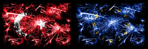 Turkey, Turkish vs European Union, EU New Year celebration sparkling fireworks flags concept background. Combination of two abstract states flags. — Stock Photo, Image