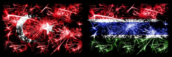 土耳其，土耳其对冈比亚，冈比亚新年庆祝闪耀的烟花旗帜概念背景。 两种抽象状态标志的组合. — 图库照片