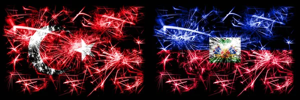 Turcja, Turecki vs Haiti, Haitański Nowy Rok świętować musujące fajerwerki flagi tle koncepcji. Połączenie dwóch flag stanów abstrakcyjnych. — Zdjęcie stockowe