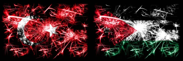 Турция, Турция против Иордании, иорданский Новый год праздник сверкающий фейерверк флаги концептуальный фон. Сочетание двух абстрактных флагов состояний . — стоковое фото