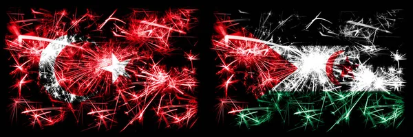 Türkei, türkische vs sahrawi Neujahrsfeier funkelnden Feuerwerk Flaggen Konzept Hintergrund. Kombination aus zwei abstrakten Staaten Flaggen. — Stockfoto