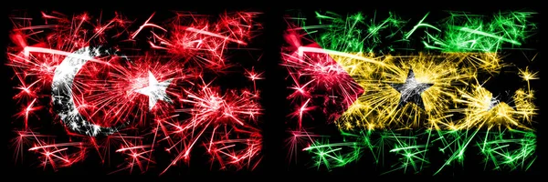Turquia, Turco vs São Tomé e Príncipe celebração de Ano Novo fogos de artifício espumantes bandeiras fundo conceito. Combinação de duas bandeiras de estados abstratos . — Fotografia de Stock