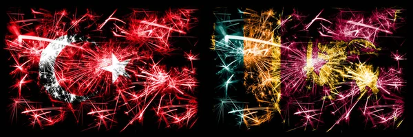 Turkey, Turkish vs Sri Lanka, Sri Lankan New Year celebration sparkling fireworks flags concept background. Combination of two abstract states flags.
