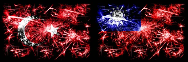 Turkey, Turkish vs Taiwan, Taiwanese New Year celebration sparkling fireworks flags concept background. Combination of two abstract states flags.