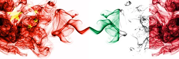 China, Chinese vs Italy, Italian smoky mystic states flags placed side by side. Concept and idea thick colored silky abstract smoke flags — Stock Photo, Image