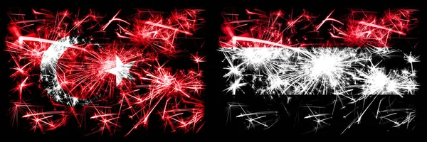 土耳其，土耳其对也门，也门新年庆祝闪耀烟花的概念背景。 两种抽象状态标志的组合. — 图库照片