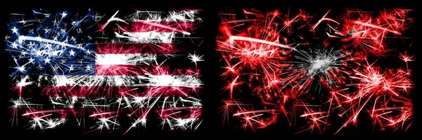 Vereinigte Staaten von Amerika, USA vs Albanien, albanische Neujahrsfeier funkelnden Feuerwerk Flaggen Konzept Hintergrund. Kombination aus zwei abstrakten Staaten Flaggen. — Stockfoto