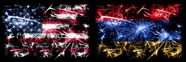 United States of America, USA vs Armenia, Armenian New Year celebration sparkling fireworks flags concept background. Combination of two abstract states flags.