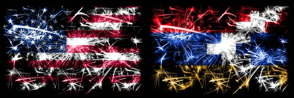 United States of America, USA vs Artsakh New Year celebration sparkling fireworks flags concept background. Combination of two abstract states flags.