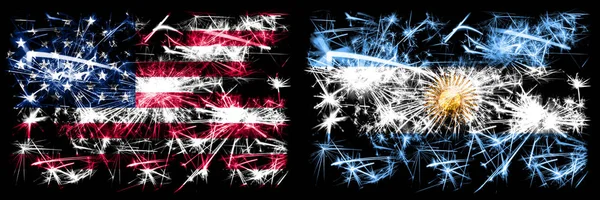 United States of America, USA vs Argentina, Argentinian New Year celebration sparkling fireworks flags concept background. Combination of two abstract states flags.