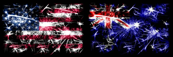 Verenigde Staten van Amerika, Usa vs Australië, Australische Nieuwjaar viering sprankelend vuurwerk vlaggen concept achtergrond. Combinatie van twee abstracte vlaggen. — Stockfoto