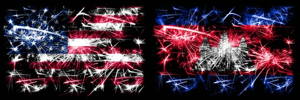 United States of America, USA vs Cambodia, Cambodian New Year celebration sparkling fireworks flags concept background. Combination of two abstract states flags. — Stock Photo, Image