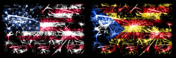 United States of America, USA vs Catalonia, Spain New Year celebration sparkling fireworks flags concept background. Combination of two abstract states flags.