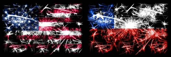 Vereinigte Staaten von Amerika, USA vs Chile, chilenische Neujahrsfeier funkelnden Feuerwerk Flaggen Konzept Hintergrund. Kombination aus zwei abstrakten Staaten Flaggen. — Stockfoto
