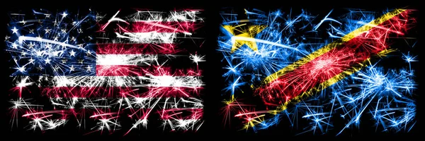 United States of America, USA vs Democratic Republic of the Congo New Year celebration sparkling fireworks flags concept background. Combination of two abstract states flags. — Stock Photo, Image