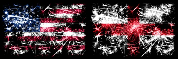 Estados Unidos da América, EUA vs Inglaterra, celebração de Ano Novo Inglês fogos de artifício espumantes bandeiras fundo conceito. Combinação de duas bandeiras de estados abstratos . — Fotografia de Stock