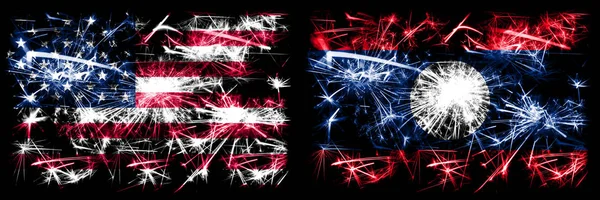 Vereinigte Staaten von Amerika, USA vs Laos Neujahrsfeier funkelnden Feuerwerk Flaggen Konzept Hintergrund. Kombination aus zwei abstrakten Staaten Flaggen. — Stockfoto