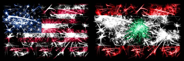 Stati Uniti d'America, USA vs Libano, celebrazione libanese del nuovo anno scintillanti fuochi d'artificio bandiere concetto di sfondo. Combinazione di due bandiere di stati astratti . — Foto Stock