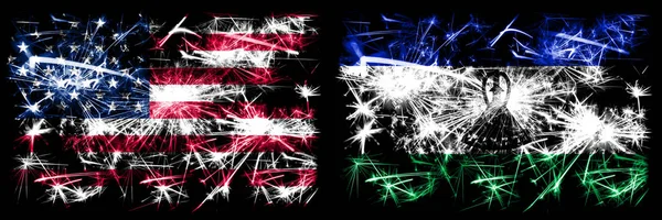 United States of America, USA vs Lesotho New Year celebration sparkling fireworks flags concept background. Combination of two abstract states flags. — ストック写真