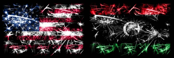 Amerikai Egyesült Államok, Usa vs Líbia, Líbia Újévi ünneplés pezsgő tűzijáték zászlók koncepció háttér. Két elvont állapot kombinációja zászló. — Stock Fotó