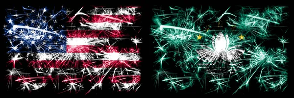 United States of America, USA vs Macau, China New Year celebration sparkling fireworks flags concept background. Combination of two abstract states flags. — Stock Photo, Image