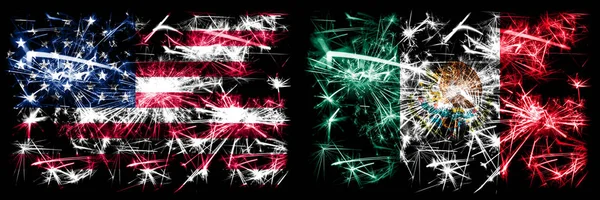 United States of America, USA vs Mexico, Mexican New Year celebration sparkling fireworks flags concept background. Combination of two abstract states flags. — Stock Photo, Image