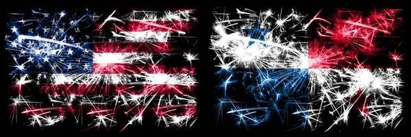 United States of America, USA vs Panama New Year celebration sparkling fireworks flags concept background. Combination of two abstract states flags. — ストック写真