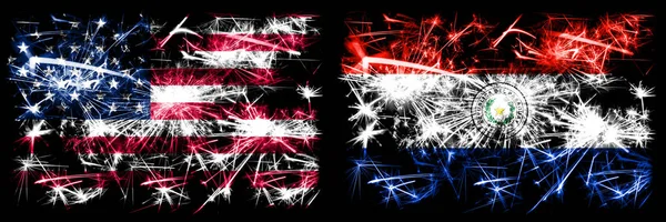 Stany Zjednoczone Ameryki, Usa vs Paragwaj, Paragwaj Nowy Rok świętowanie musujące fajerwerki flagi tle koncepcji. Połączenie dwóch flag stanów abstrakcyjnych. — Zdjęcie stockowe