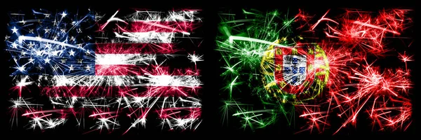 United States of America, USA vs Portugal, Portuguese New Year celebration sparkling fireworks flags concept background. Combination of two abstract states flags.