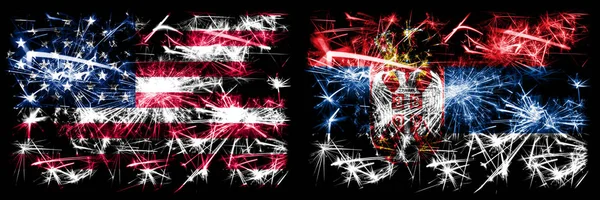 United States of America, USA vs Serbia, Serbian New Year celebration sparkling fireworks flags concept background. Combination of two abstract states flags.