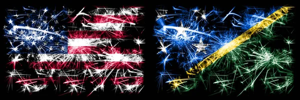 United States of America, USA vs Solomon Islands New Year celebration sparkling fireworks flags concept background. Combination of two abstract states flags.