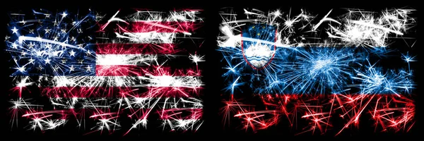 United States of America, USA vs Slovenia, Slovenian New Year celebration sparkling fireworks flags concept background. Combination of two abstract states flags. — ストック写真