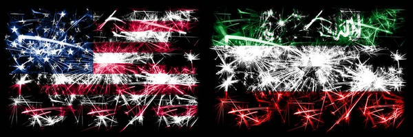 Spojené státy americké, Usa vs Somaliland New Year celebration sparkling fireworks flags concept background. Kombinace dvou abstraktních stavových příznaků. — Stock fotografie
