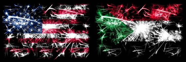 Vereinigte Staaten von Amerika, USA vs sudan, sudanesische Neujahrsfeier funkelnden Feuerwerk Flaggen Konzept Hintergrund. Kombination aus zwei abstrakten Staaten Flaggen. — Stockfoto