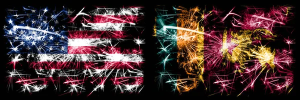 Förenta staterna, Usa vs Sri Lanka, Sri Lankas nyårsfirande gnistrande fyrverkerier flaggor koncept bakgrund. Kombination av två abstrakta staters flaggor. — Stockfoto