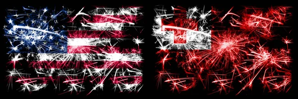 Vereinigte Staaten von Amerika, USA vs Tonga, Tongan Neujahrsfeier funkelnden Feuerwerk Flaggen Konzept Hintergrund. Kombination aus zwei abstrakten Staaten Flaggen. — Stockfoto